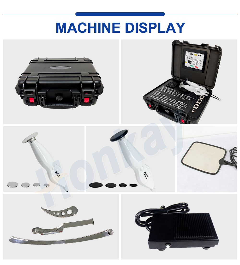 TECAR RF machine display - case, handpieces, electrode plates, fascia set and foot pedal