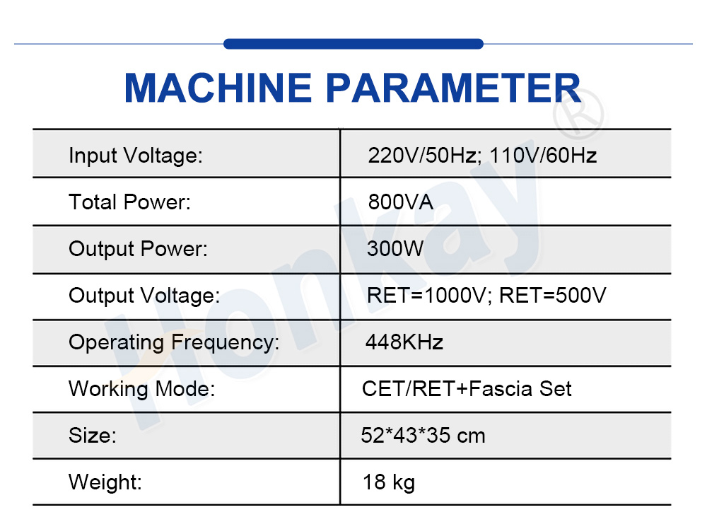 TECAR RF machine parameters - 448 kHz, 300 W, 18 kg