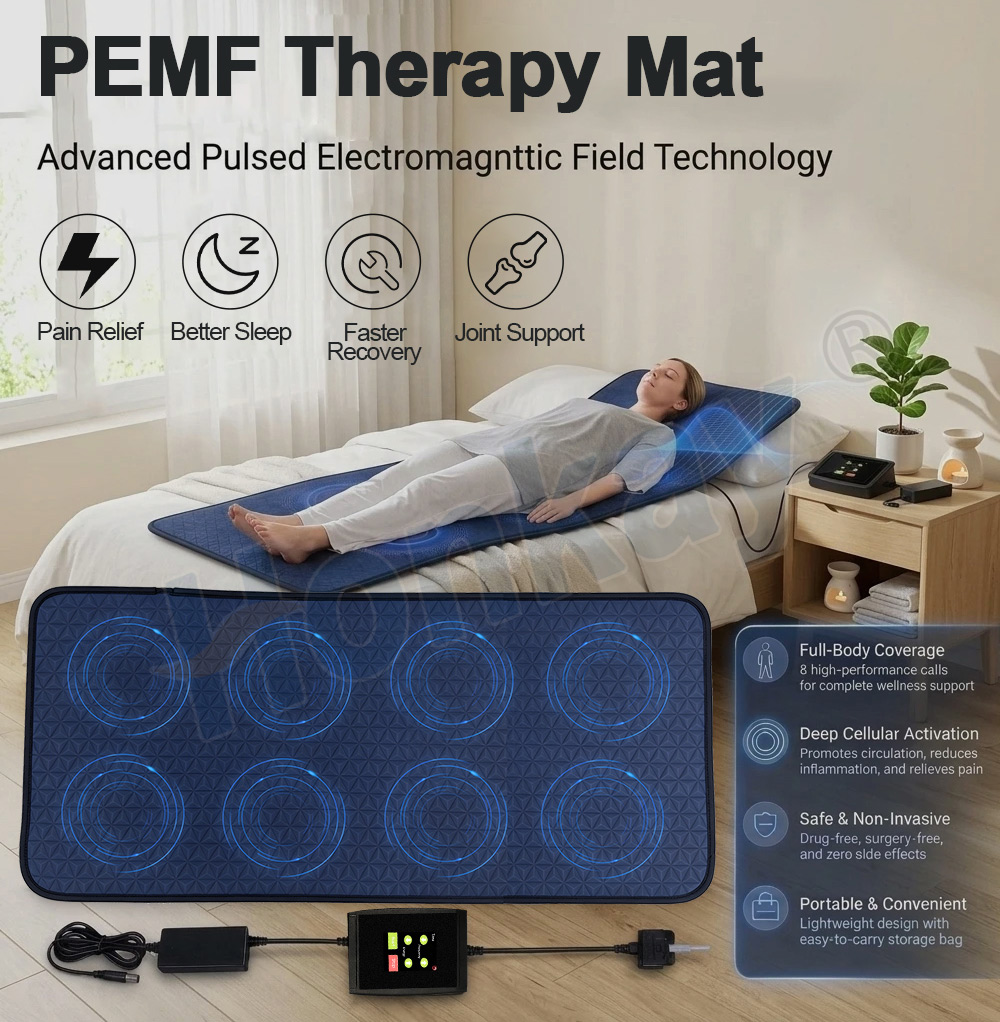 PEMF therapy mat used on a bed at home for pain relief and recovery