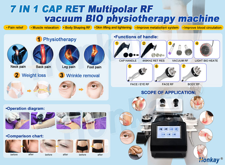 Multifunctional 7 In1 Tecar CET RET Physiotherapy Machine with BIO Brush Vacuum RF for Weight Lose Wrinkle Removal Pain Relief