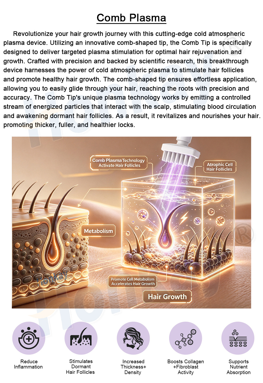 Comb plasma technology activating hair follicles