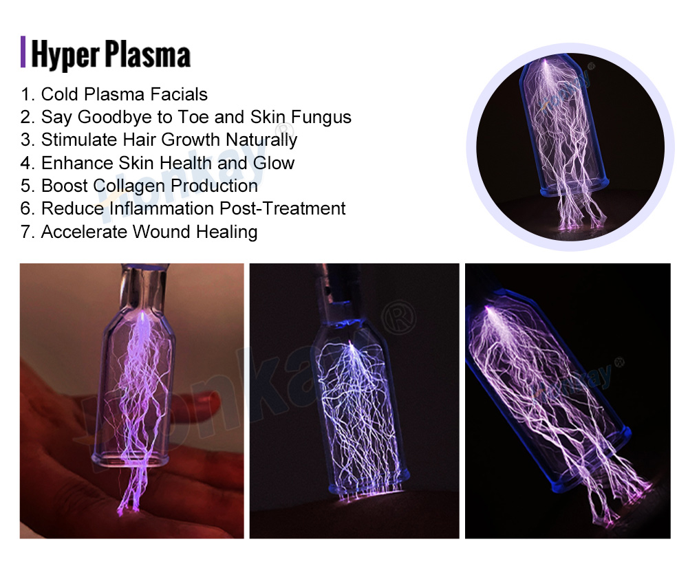 Hyper plasma cold plasma facial treatment and glass electrode discharge