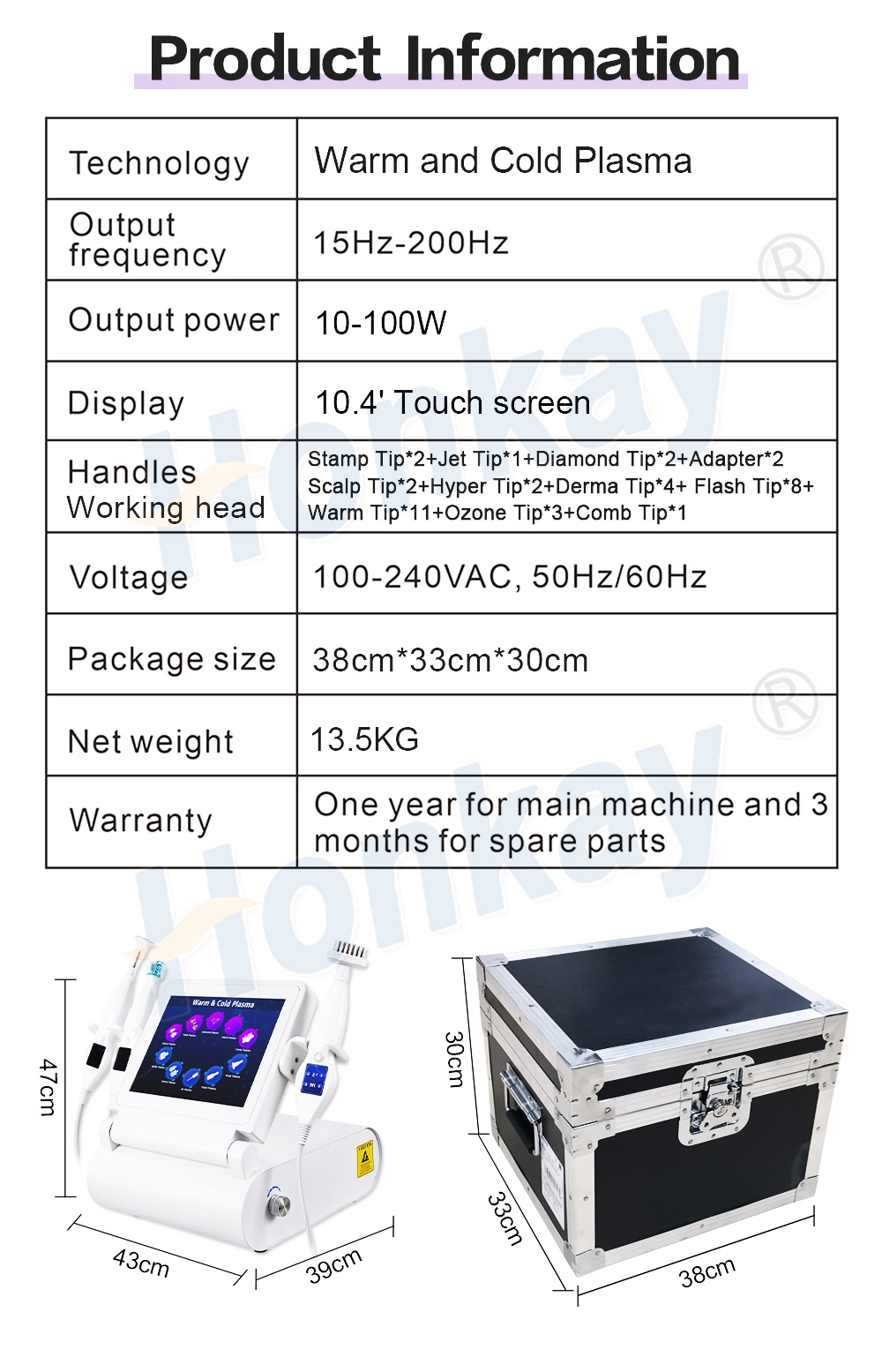 10 in 1 plasma machine specifications table and packaging