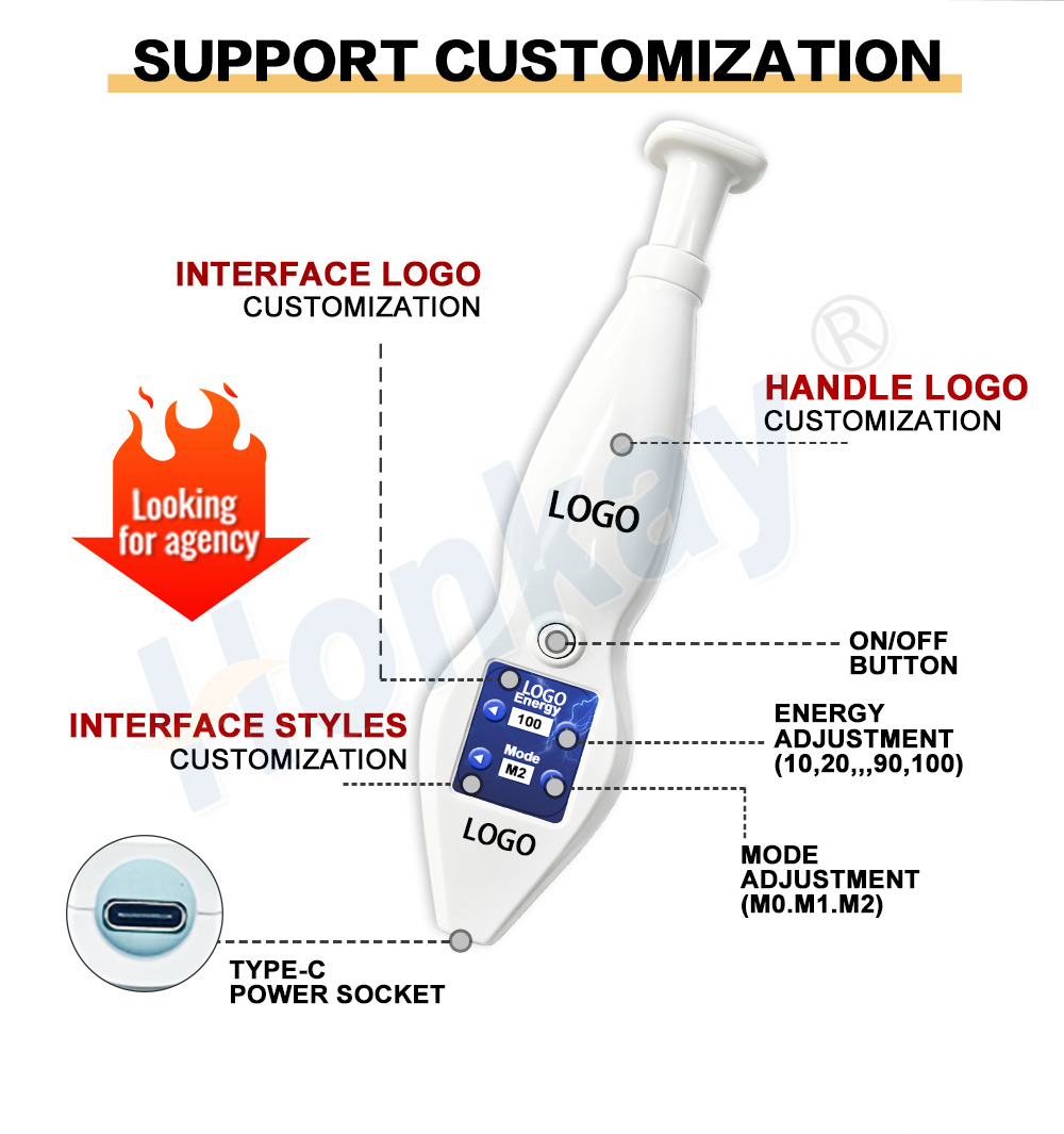 customizable logo areas on the handle and the interface of the plasma pen