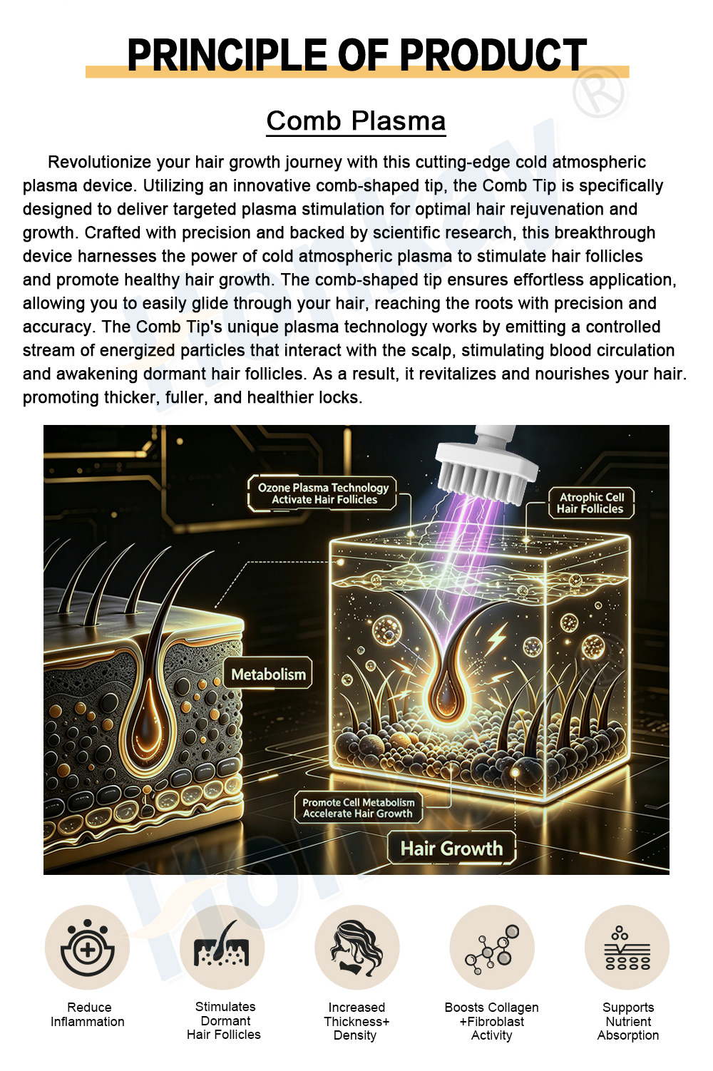 cold atmospheric plasma principle of the comb plasma head acting on hair follicles